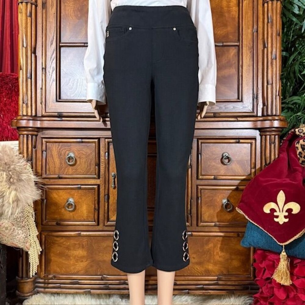 Belle by Kim Gravel Black Triple Grommet Hem Textured Stretch Crop Pant